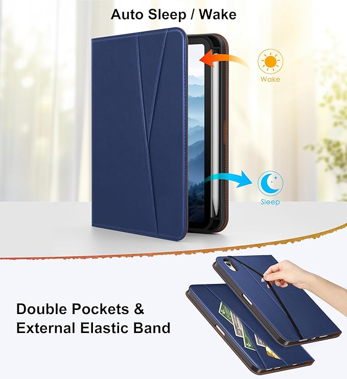 DTTO for iPad mini 7 (A17 Pro) Case, iPad mini 7th / 6th Generation Case (2024/2021), 360 Degree Rotating Premium Leather Folio Stand Cover with Pencil Holder, Navy Blue