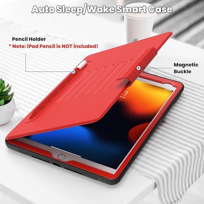 SEYMAC stock Case for iPad 9th/8th/7th Generation 10.2'', Strong Magnetic Auto Sleep Shockproof Case with Absorbing Multi-Angles Stand, Pen Holder, Card Slot (Red)