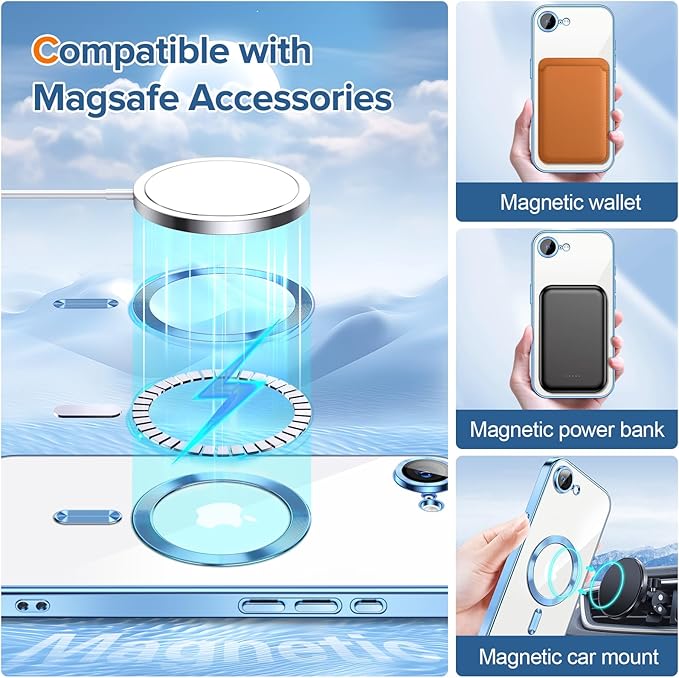 Hython Magnetic Clear for iPhone 17e Case with Camera Lens Protector [Compatible with MagSafe] Luxury Plating Edge Slim Soft TPU Cover Protective Phone Case for iPhone 17e 6.1", Light Blue