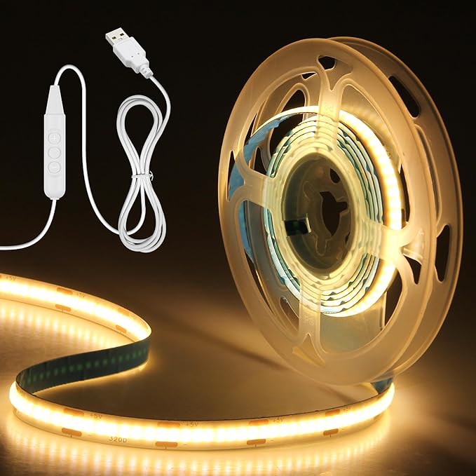 Aclorol COB LED Strip Lights USB Powered 6.56FT 640Leds Warm White 3000K TV LED Backlight 5V Dimmable COB Flexible Light with 1.5M USB Cable for Monitor Dispalay Stairs Bedroom DIY Projects CRI85+