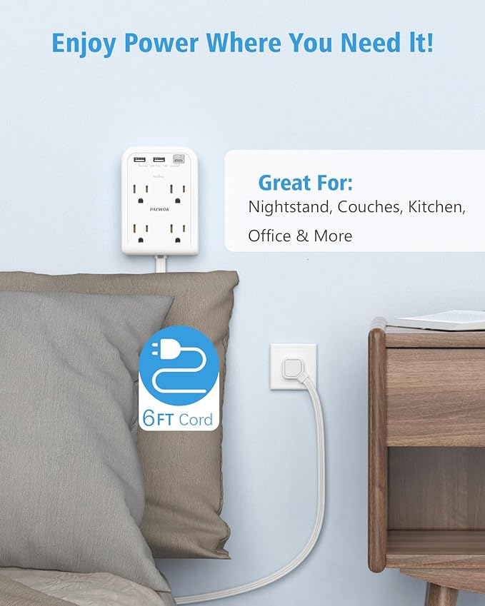 Surge Protector Power Strip, Outlet Extender Stick with USB C Ports, 4 Outlet 3 USB, Extension Cord Flat Wall Plug 6 FT, Home Office Dorm Room Essentials, White