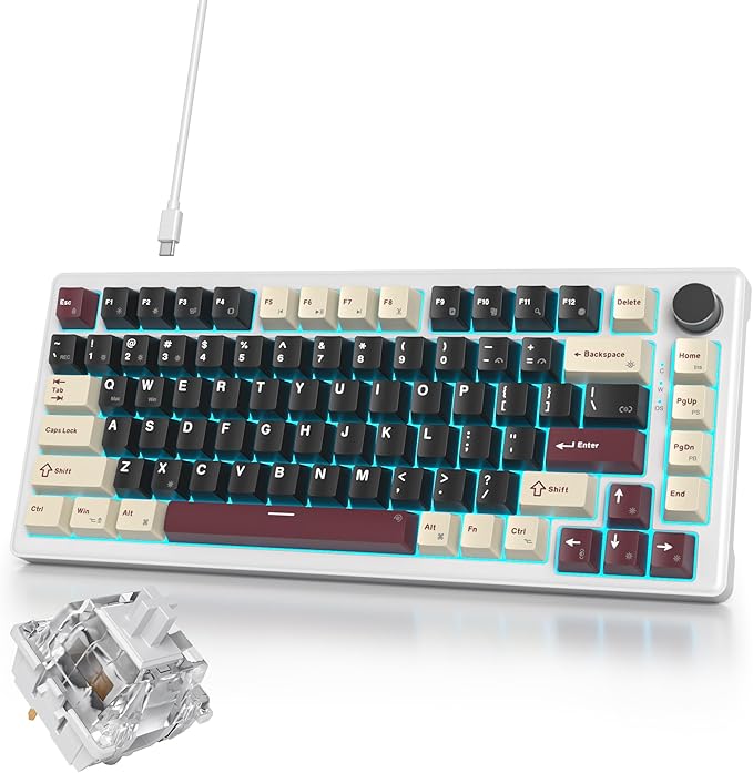 75% Black Creamy Mechanical Keyboard Wired, Creamy Sound Gasket Gaming Thocky Keyboard with Knob, Hot Swappable RGB Custom Keyboard, Pre-lubed Cream Switch Keyboard (82 Roman)
