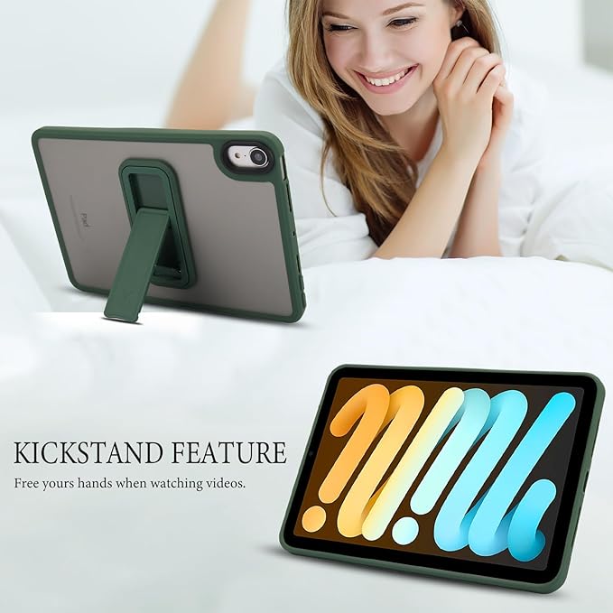 Shockproof Case for iPad mini 7th/6th Generation (2024/2021 8.3-inch), Kickstand Slim Fit Rugged Bumper Lightweight Anti-Scratch Bumper Case Cover for Women Men, Green