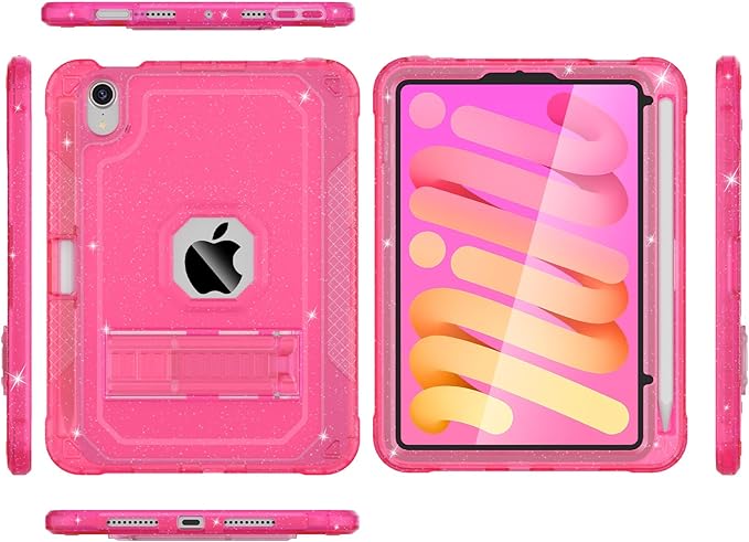 ZoneFoker Case for iPad mini A17 Pro, for iPad mini 7th/6th Generation Case 8.3 inch 2024/2021 with Pencil Holder/Stand, Slim Cover for i Pad Mini 7/6 (Translucent Glitter Hot Pink)