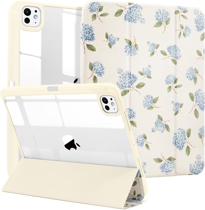 MrARTIST for for iPad Pro 11 Inch Case (M5/M4) 2025/2024 6th/5th Generation Case Cute for Women Girls Girly Kawaii Aesthetic Flowers Design for Apple Tablet Cover with Pencil Holder, Hydrangea
