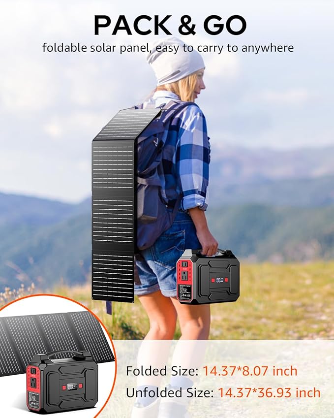 Solar Powered Generator 200W Peak/100W Rated, Portable Solar Generator Power Station with Solar Panels 40W Included, 146Wh Solar Power Bank with AC Outlet 110V for Home Use Camping Outdoor Adventure