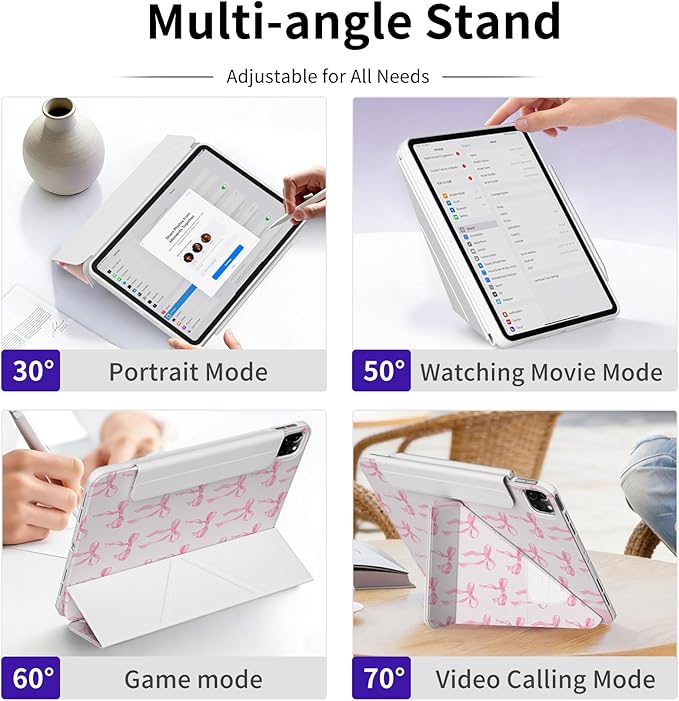 Case for iPad Air 13 Inch M4 (2026)/ M3 (2025)/ M2 (2024), iPad Pro 12.9-inch 6th/5th/4th/3rd Generation Case, Trifold Multi-Angle Stand, Magnetic Flap, Full Protective Cover, Pink Bows