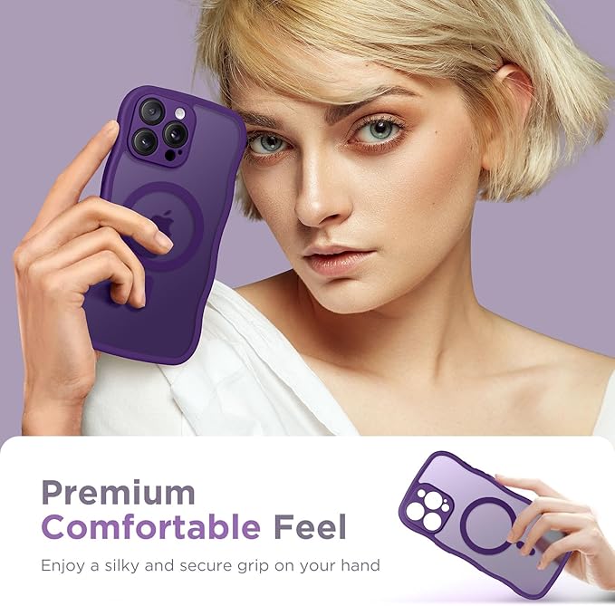 CAPRARO Cute for iPhone 15 Pro Case, Compatible with MagSafe, [Curly Wave Edge] [Full Camera Protection] [14 FT Drop Protection] Magnetic Phone Case for 15 Pro 6.1 Inch, Deep Purple