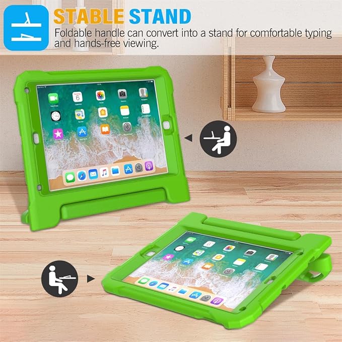 SUPLIK Kids Case for iPad 5th/6th Generation (9.7 inch, 2017/2018), iPad Air 1 & Air 2 & Pro 9.7 Case with Screen Protector, Durable Shockproof Kids Cover with Handle Stand, Green