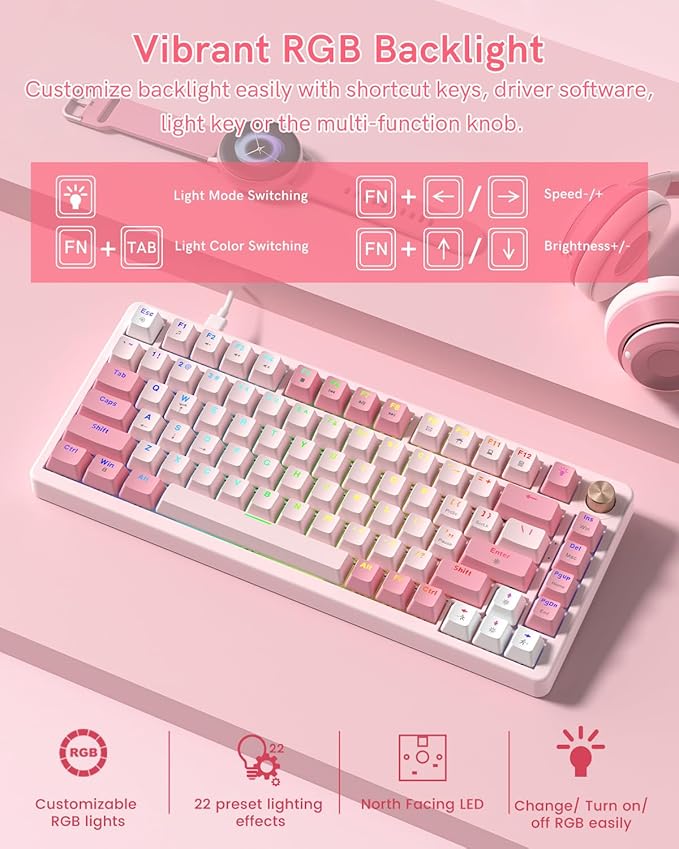 VK75 Wired Gaming Keyboard with Multimedia Control Knob, 75% Creamy Mechanical Keyboard RGB Backlit Gasket Mount with Cherry Profile PBT Keycaps, Hot Swappable Pre-lubed Linear Switch, Pink