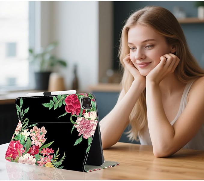 for iPad Air 11 Inch Case M4/M3/M2 2026/2025/2024, Black Flower for iPad Pro 11 Inch Case 4Th/3Rd/2Nd/1St Generation, for iPad Air 5Th/4Th Gen Cases 10.9 Inch Pencil Holder/Hand Strap/Pocket