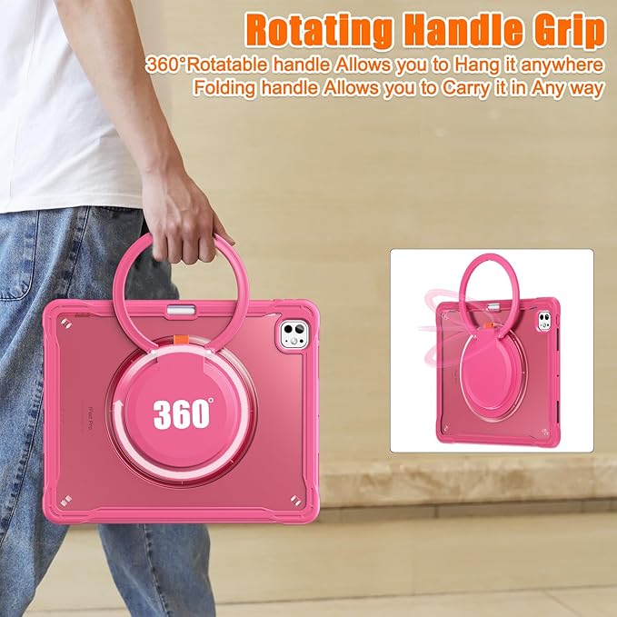 Batianda for iPad Pro 11 inch Case 2025 M5 2024 M4 Chip Lightweight Dual-Layer Protective Tablet Cover, Durable Shock-Absorbing Corners with 360° Rotating Kickstand Ring Built-in Pen Slot, Pink