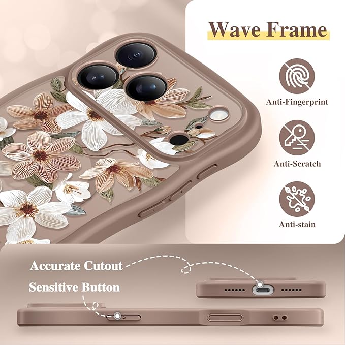 GVIEWIN for iPhone 17 Pro Case Compatible with MagSafe [Curly Wave Edge][Full Camera Protection] Floral Translucent Shockproof Magnetic Women Phone Case for iPhone 17 Pro 6.3'', Dogwood/Brown