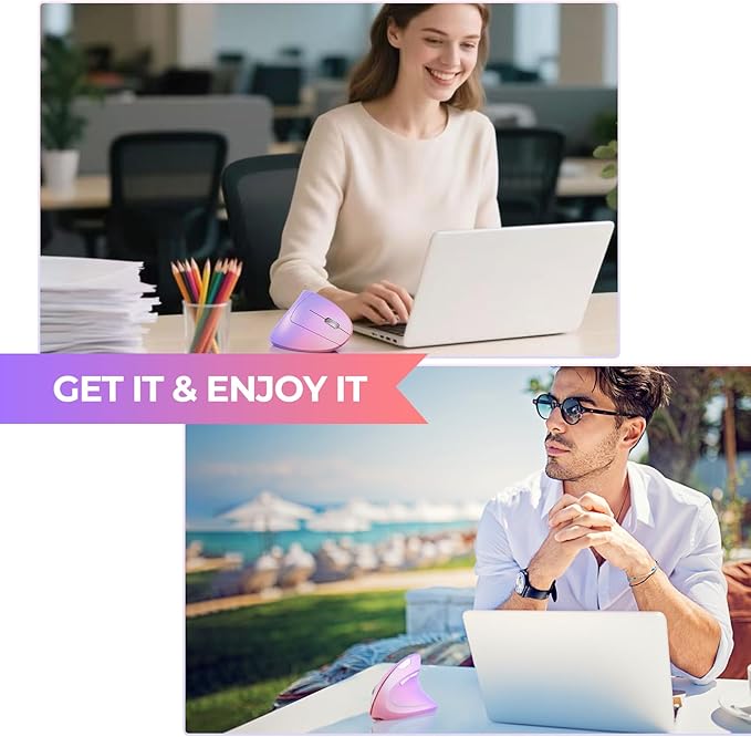 Lekvey Ergonomic Mouse, USB C Wireless Vertical Mouse, Dual Mode Rechargeable USB-A & Type-C Ergo Mouse, 1600 DPI, Relieves Wrist Pain and Carpal Tunnel, for Laptop Computer Mac MacBook, Pink Purple