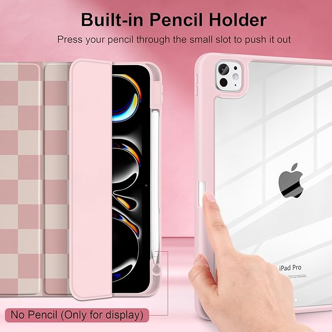 Case for iPad Pro 11 inch (M5) 2025 (M4) 2024 Release with Pencil Holder - Aesthetic Cute Preppy Design Trifold Cover with Soft TPU Bumper Clear Back Auto Sleep/Wake for Girls Women, Lattice