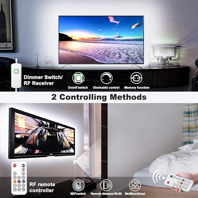 MY BEAUTY LIGHT LED Strip Lights Warm White,32.8ft Dimmable LED Light Strip with RF Remote,600 Bright 6500K 2835 LEDs,Plug-in Adhesive Rope Lights with Timing Mode for Living Room Bedroom Kitchen