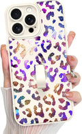 KANGHAR Compatible with iPhone 15 Pro Case, Support for MagSafe, Silicone Cute Iridescent Leopard Cheetah Pattern, Wristband Kickstand Shockproof Protective Slim Cover for Women Girls, White