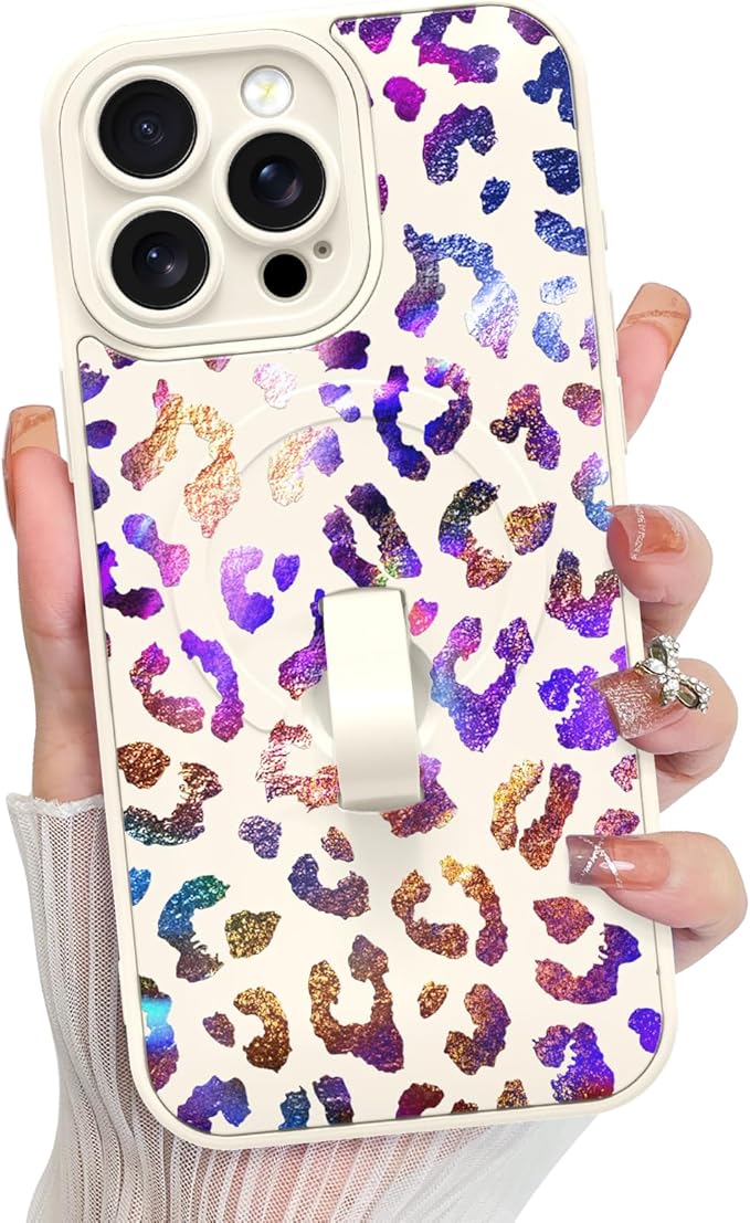 KANGHAR Compatible with iPhone 15 Pro Case, Support for MagSafe, Silicone Cute Iridescent Leopard Cheetah Pattern, Wristband Kickstand Shockproof Protective Slim Cover for Women Girls, White