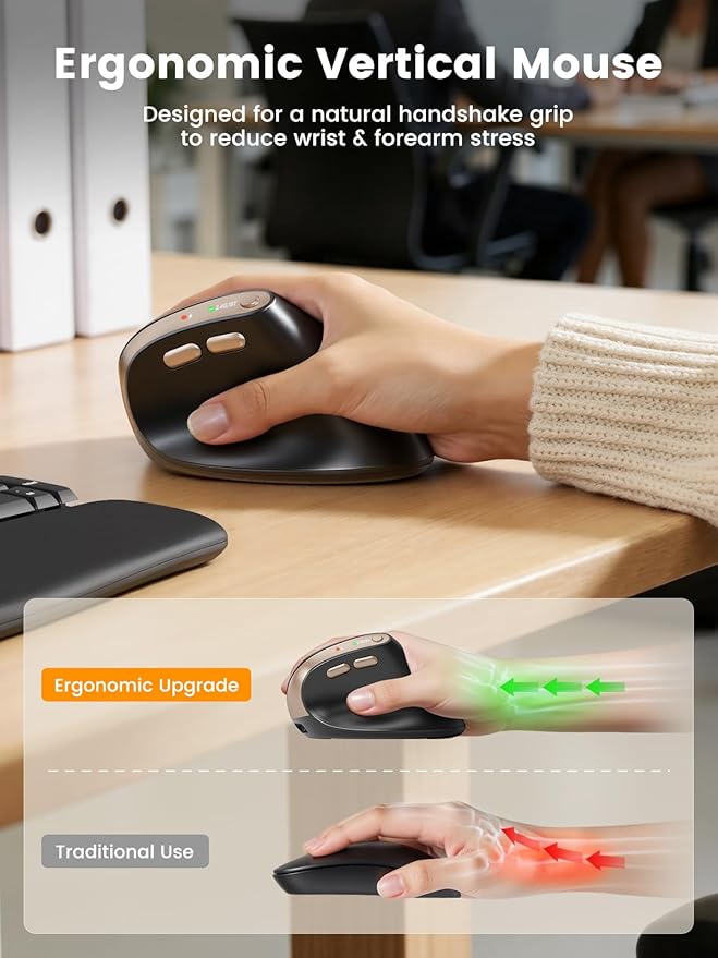 SABLUTE MAM3 Ergonomic Mouse, Bluetooth Mouse for Small/Medium Hands,Dual-Device Connectivity for Computer/Laptop, Rechargeable Wireless Vertical Mouse with 4 Adjustable DPI for Window,Mac OS,Black