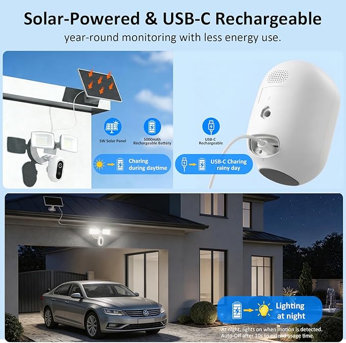 Onforu Solar Flood Light Camera, 2K Wireless Outdoor Floodlight Security Cam with USB-C Rechargeable, Motion Detection, Color Night Vision, 2.4GHz WiFi, Siren, 24/7 Recording, Works with Alexa, IP65