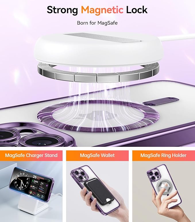Meifigno for iPhone 15 Pro Max Case 6.7", [Glitter Card & Wrist Strap] [Compatible with MagSafe] [2X Screen Protectors] Surround Raised Camera Lens Protection for 15 Pro Max Case, Deep Purple