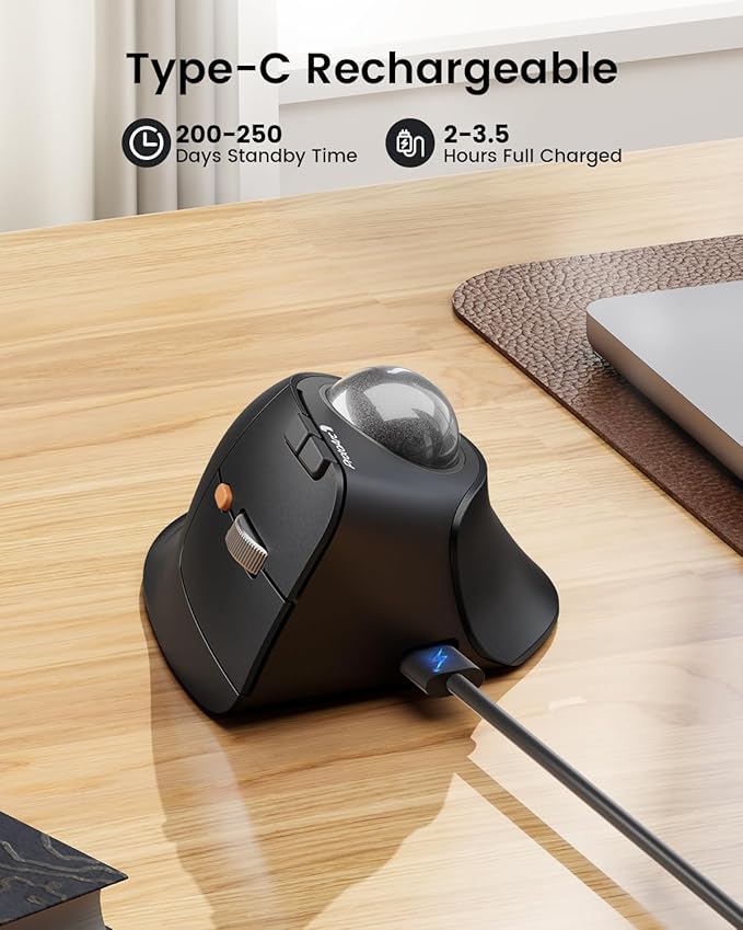 ProtoArc Vertical Wireless Trackball Mouse, EM05 NL Bluetooth Ergonomic Rollerball Mouse Rechargeable Computer Laptop Thumb Mice, 3 Device Connection, Compatible with iPad, Mac, Windows, PC-Gray