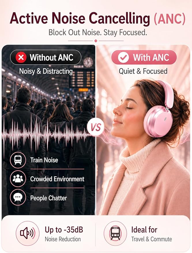 Wentronic Y05 Bluetooth Over-Ear Headphones with Active Noise Cancelling, Hi-Res Audio, 48H Playtime, Built-in Mic, Wired/Wireless, Works with iOS, Android & PC, Pink