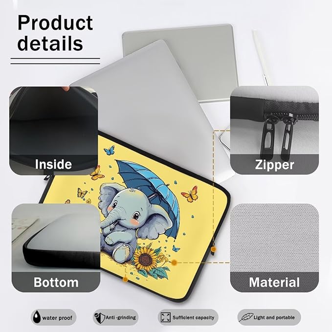 Sunflower Elephant Computer Sleeve for Women Laptop Sleeve 17inch Neoprene Laptop Covers with Padded Compartment Lap Top Case Teen Girls Cute Computer Carrying Bag