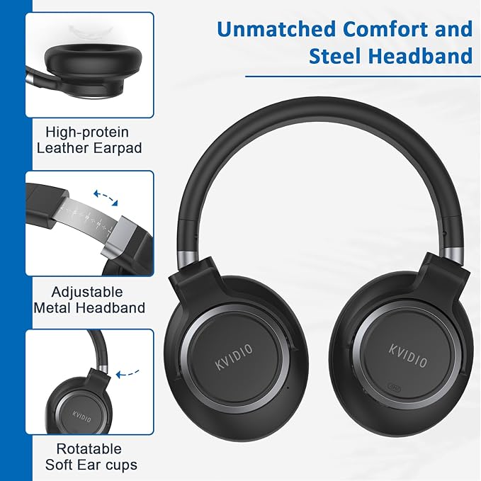KVIDIO Active Noise Cancelling Headphones, 70 Hours Playtime Bluetooth Headphones Wireless with Microphone, Transparency Mode, Deep Bass and Hi-Fi Stereo Sound Over Ear for Travel Office