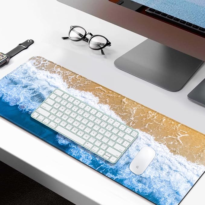 Beach Ocean Waves Gaming Desk Mat, Computer Keyboard Large Extended Sea Mouse Pad for Office and Home, 31.5×11.8 Inches, XL, Blue