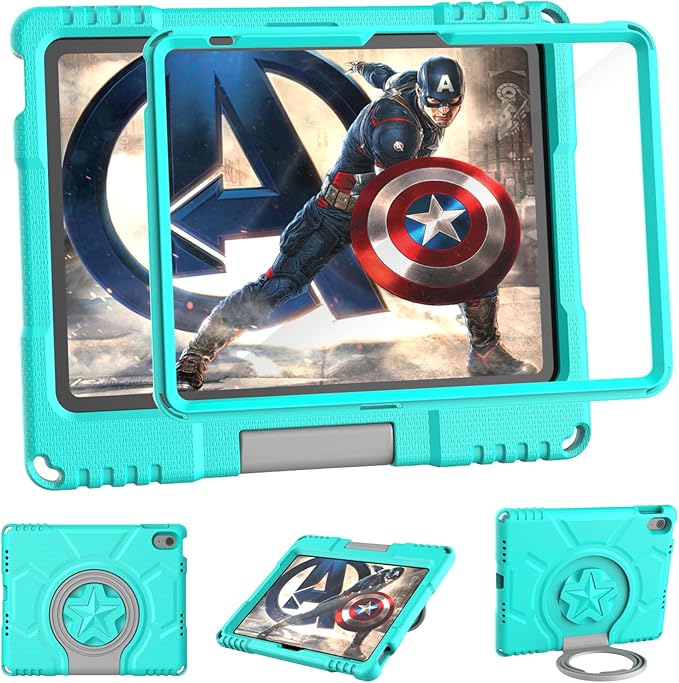 Kids Case for iPad 10th Generation 10.9-inch (2022) & iPad Air 11-inch 2024 & iPad Pro 11-inch M4 (2024), Lightweight Shockproof Case Built-in Screen Protector with Handle Stand,Turquoise