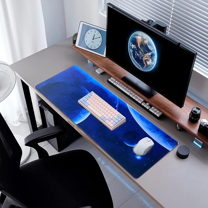 Gaming Mouse Pad with World Map(31.5 x 11.8in), Desk Mat&Large Mouse Pad Keyboard Mat 3MM Anti Slip and Waterproof Rubber Mouse Pad(Universe and Planet)