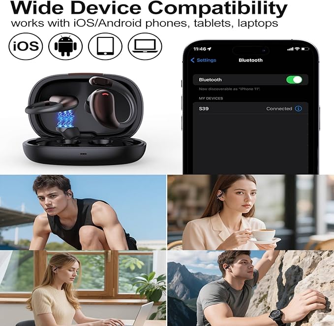 Vitog Wireless Bluetooth 6.0 Earhooks Earbuds, Sport Noise Cancelling Over Ear Waterproof Headphones Wireless Workout Running Open-Ear/in-Ear Earphones with Long Battery Life (Black)