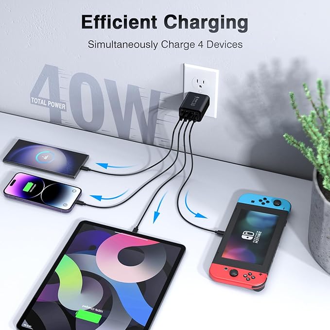 [2 Pack/40W] 4-Port USB C Wall Charger Block, Fast Type C Power Brick Charging Cube Power Delivery Wall Plug for iPhone 17/1615/14/13/12/14 Pro/13 Pro, Huawei, Xiaomi, Oneplus, Galaxy(Black)