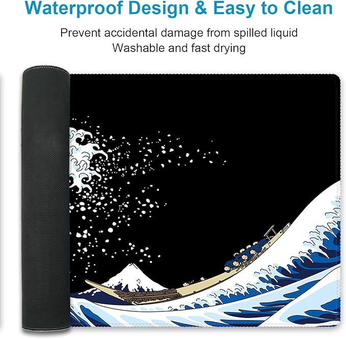 XXL Waterproof Office Desk Pad Protector 35.4x15.7 Inch - Extended Gaming Mouse Pad with Non-Slip Rubber Base, Thickened Keyboard Mat, Stitched Edges & Black Wave Design