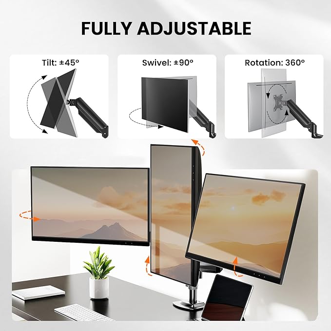 ErGear Triple Monitor Mount for 13-27 inch Screens, Premium Aluminum Triple Monitors Stand up to 17.6 lbs, Sturdy 3 Monitor Desk Mount with Swivel, Tilt, Rotation, Max VESA 100x100mm