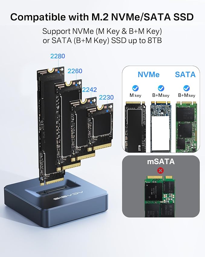 ACASIS NVME SSD Reader Adapter, Aluminium Alloy Housing Fast Heat Dissipation, NVME to USB Docking Station, M.2 SSD to USB Adapter 10Gbps, Support M.2 (M Key) NVMe SSD and (B+M Key) SATA-Based SSD