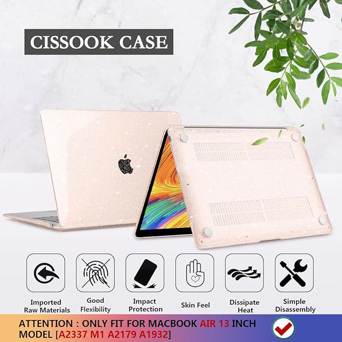CISSOOK Glitter Pink Case for MacBook Air 13 inch 2021 2020 2018 Release Model A2337 A2179 A1932 with Touch ID, Sparkly Hard Shell Case & Keyboard Cover for MacBook Air 13 M1, Glitter Cherry Pink