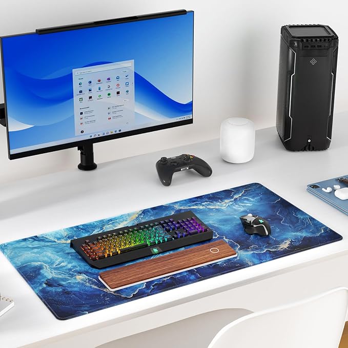 KTRIO Large Gaming Mouse Pad Desk Mat, Superior Micro-Weave Cloth, Non-Slip Rubber Base, Stitched Edges, Water-Resistant, for Gamer, Office & Home, 31.5 x 15.7 Inch，Blue Marble