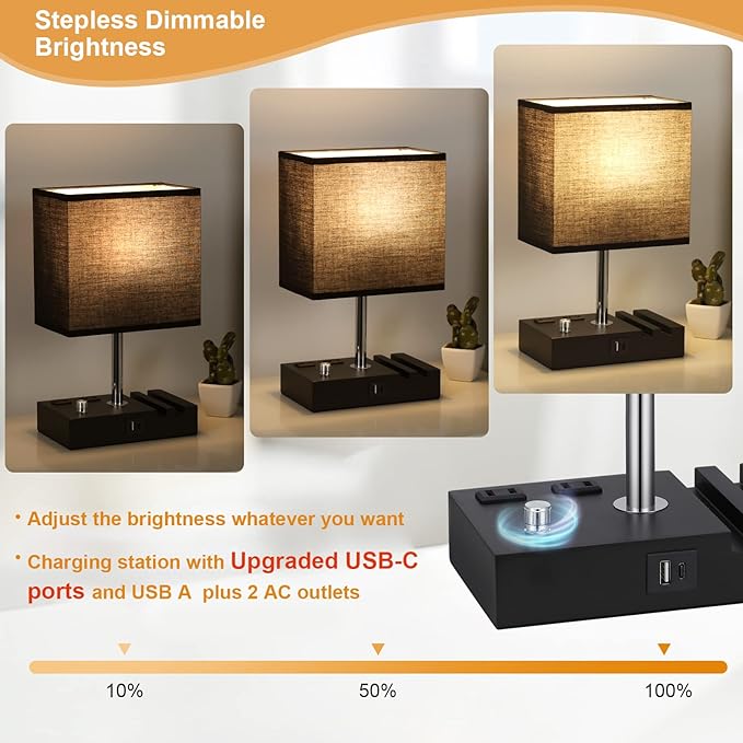Kakanuo Table Lamp for Bedroom with Dual USB Ports, Fully Dimmable Black Bedside Lamp with Phone Stands and 2 Charging Outlets, Desk Lamp for Nightstand and Living Room, LED Bulb Included