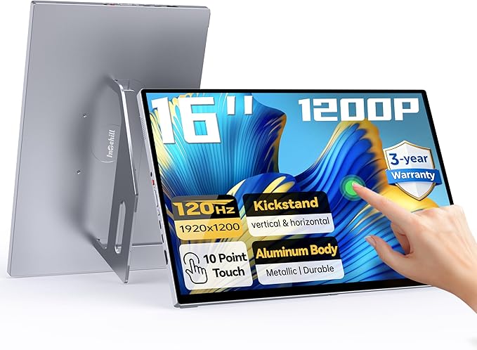 Intehill 16" 120Hz Touchscreen Portable Monitor, Portable Gaming Monitor w/Stand & Speakers, 16:10 Display with Full Laminated Tempered Glass, Touch Screen Travel Monitor for Laptop, T16PB (Silver)