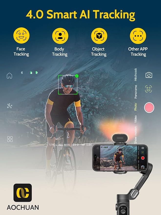 AOCHUAN Handheld 3-axis Gimbal Stabilizer for iPhone&Android Smartphone Gimbal Anti-Shake w/ 1/4 Thread,RGB Magnetic Light,AI Tracking Phone Holder for Vlogging for TikTok,YouTube-Smart X Kit Black