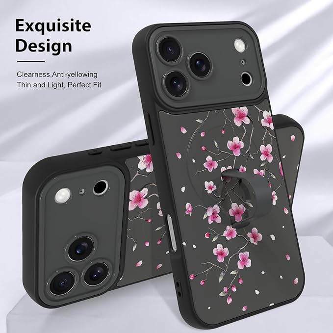 KANGHAR Compatible with iPhone 17 Pro Max Case, Magnetic Compatible with MagSafe, Cute Flower Floral Pattern Wristband Kickstand Full Camera Lens Shockproof Protective Case for Girls Women, Black