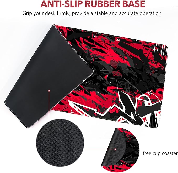 AIMSA Extended Gaming Mouse Pad Desk Mat, Large Mousepad with Stitched Edges (35x15.7 in), Keyboard Mouse Mat Stable Rubber Base Desk Pad for Work, Game, Red Black