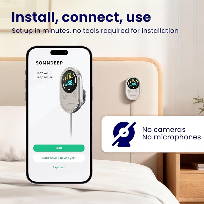 Contactless Smart Sleep Monitor, Sleep Quality Breathing Pattern Monitoring, Latest Millimeter-Wave Radar Technology, Contactless & Secure, Personalized Sleep Tracking & Report