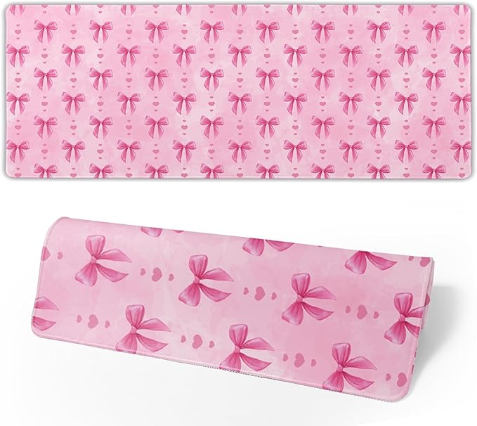 Pink Bows Mouse Pad Extended Large 31.5x11.8 in Coquette Kawaii Desk Mat Preppy Trendy Computer Large Mousepad Non-Slip Rubber Base Stitched Edge Gaming Mousepad PC Computer Desk Pad for Work Desktop