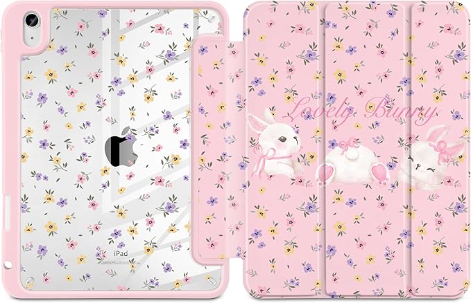 Case for iPad Air 13 inch 2026 M4 2025 M3 2024 M2 Release Slim Lightweight Shockproof Cute Light Pink Cover with Clear Back TPU Edge Pencil Holder Trifold Stand Auto Wake Sleep, White Rabbit