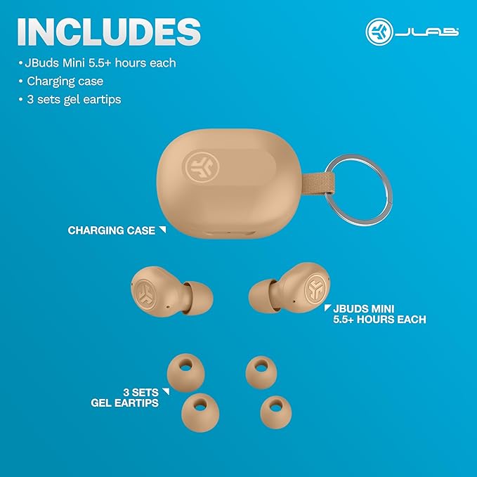 JLab JBuds Mini Tones, True Wireless Earbuds, Bluetooth Multipoint, IP55 Sweat Resistant, Be Aware Audio, Crystal Clear Calls, 3 EQ Settings