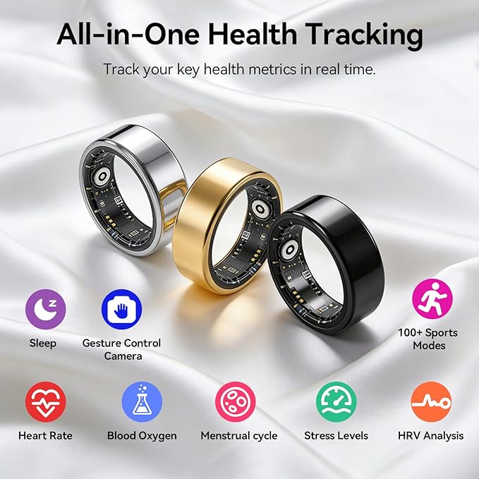 Smart Ring Fitness Tracker for Women and Men, Heart Rate Monitor, Sleep and Stress Monitoring, Menstrual Cycle Tracking, Step Counter, IP68 Waterproof, No Subscription, Compatible with iOS and Android