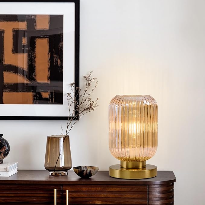 Mid Century Modern Table Lamp: Vintage Amber Ribbed Glass Globe Dimmable Plug in Small Bedside Lamps - Cute Brass Gold Side Table Lamp Nightstand Light for Bedroom Entryway Office Desk Living Room
